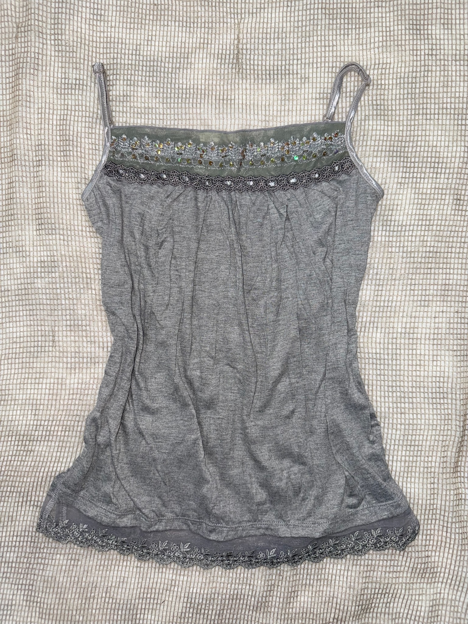 Heather Grey Spaghetti Strap Top with Lace Trim