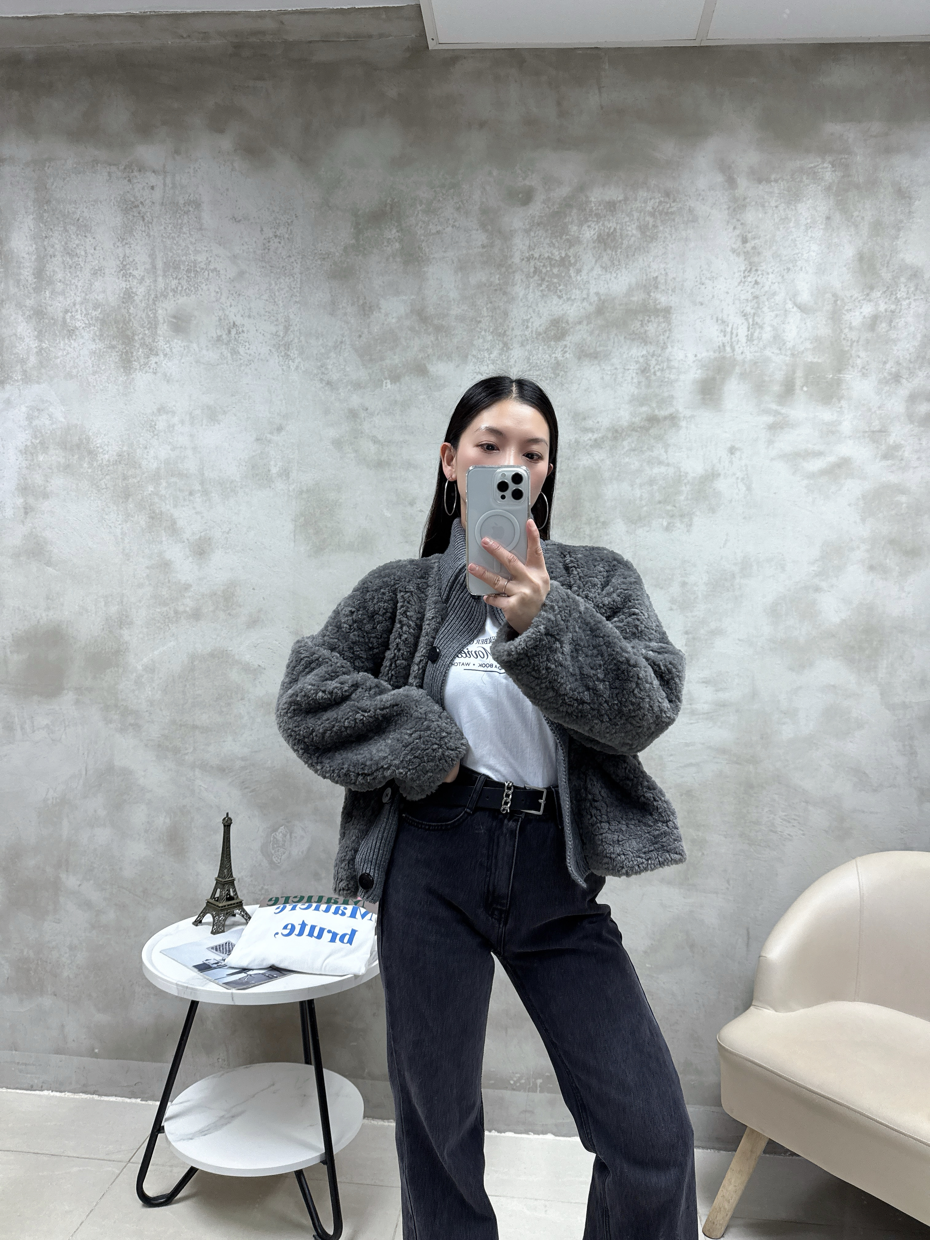 拼冷羊羔毛外套