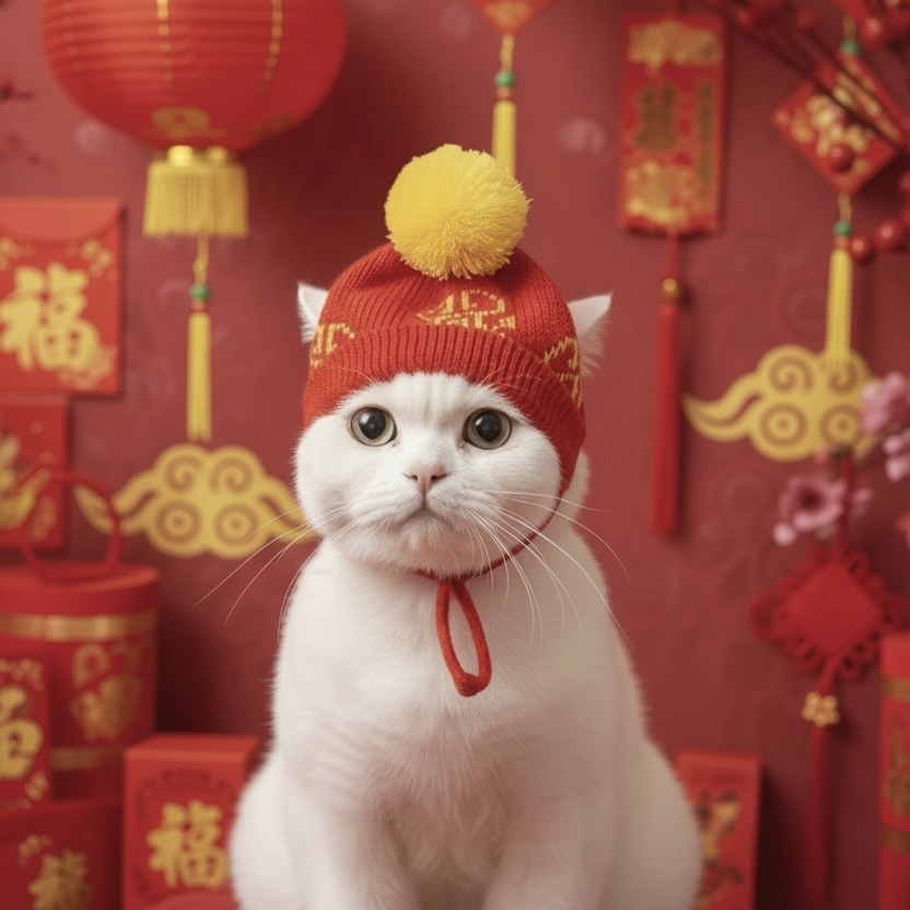 C909R 賀年冷帽 - 紅色配黃毛球 New Year cold hat - red with yellow fur ball