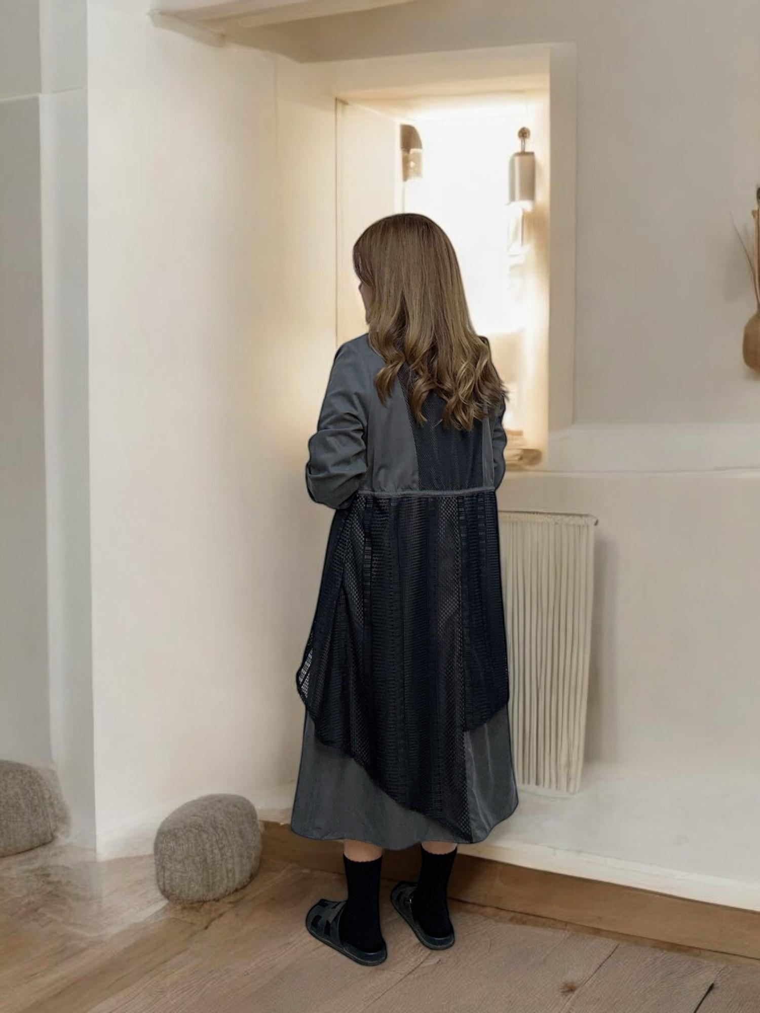 103546 BS 自家款 洗水磨毛布拼接條子網布連身裙外套