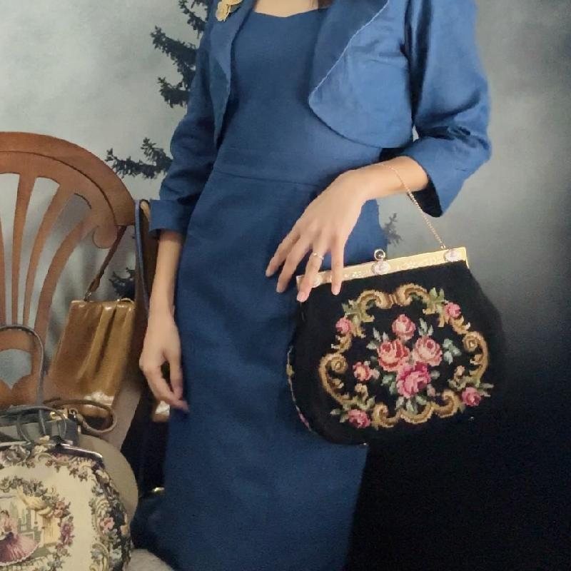 Vintage C.a. 1960s Hand-Stitched Floral Needlepoint Bag with Handpainted Rose Frame (MT2506)