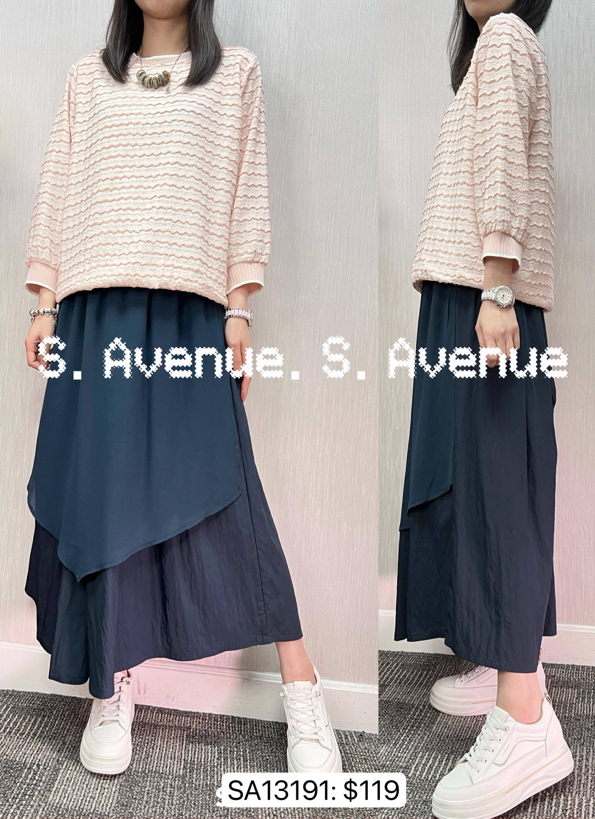 SA13191: 中袖暗橫紋撞色邊top