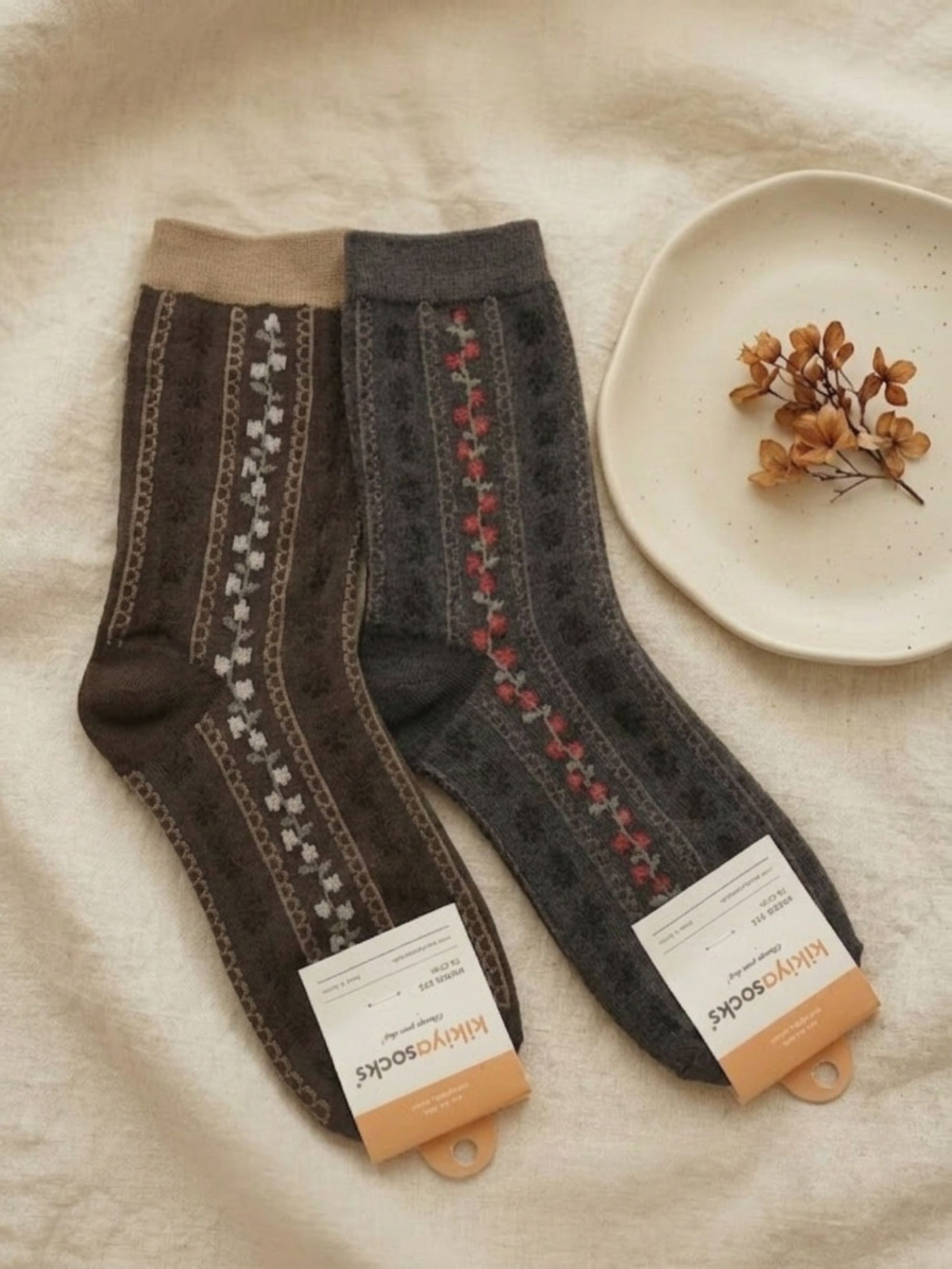 Korean Floral Stitch Women's Crew Socks