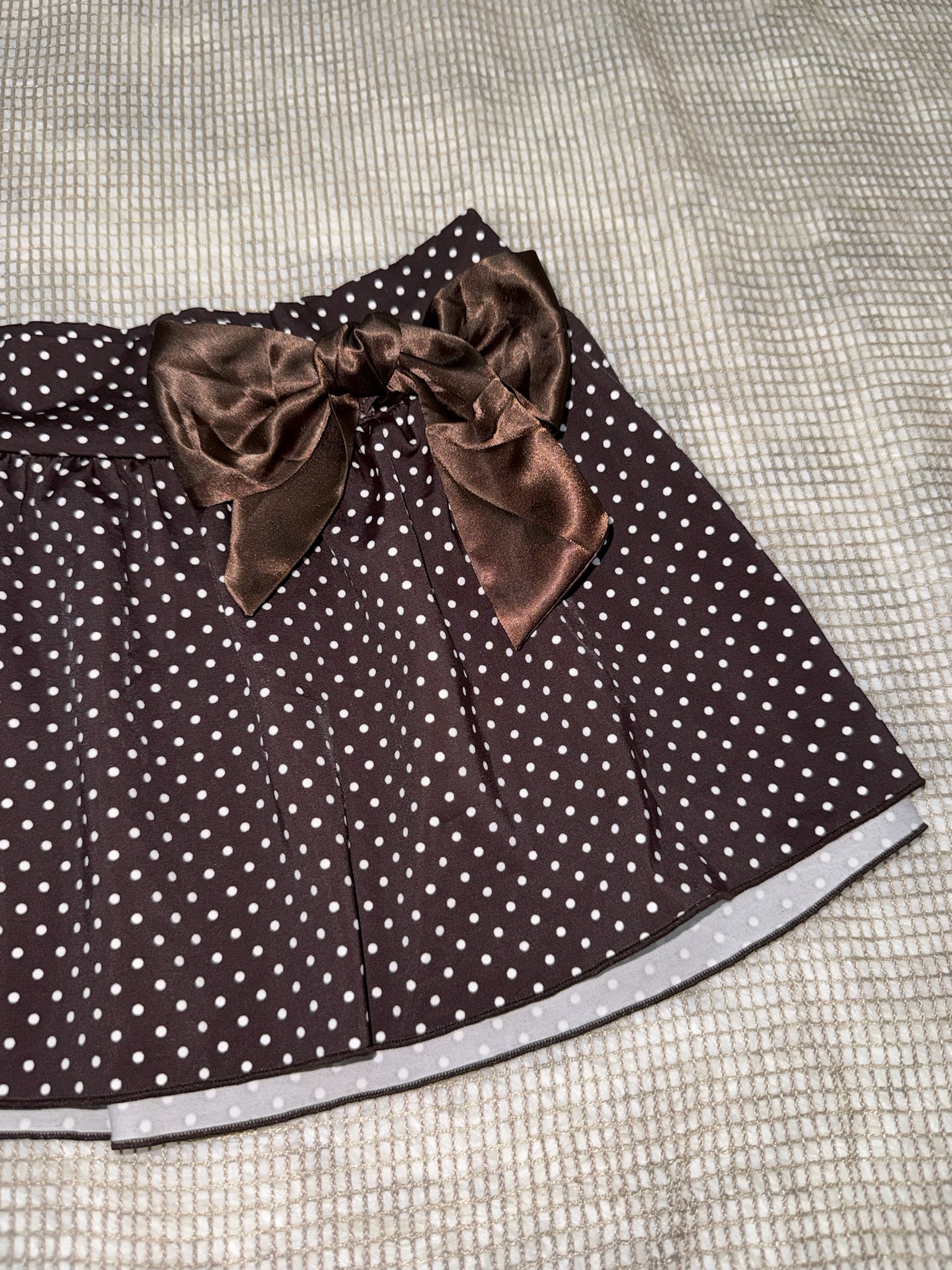 Brown Polka Dot Pleated Skirt with Bow Detail