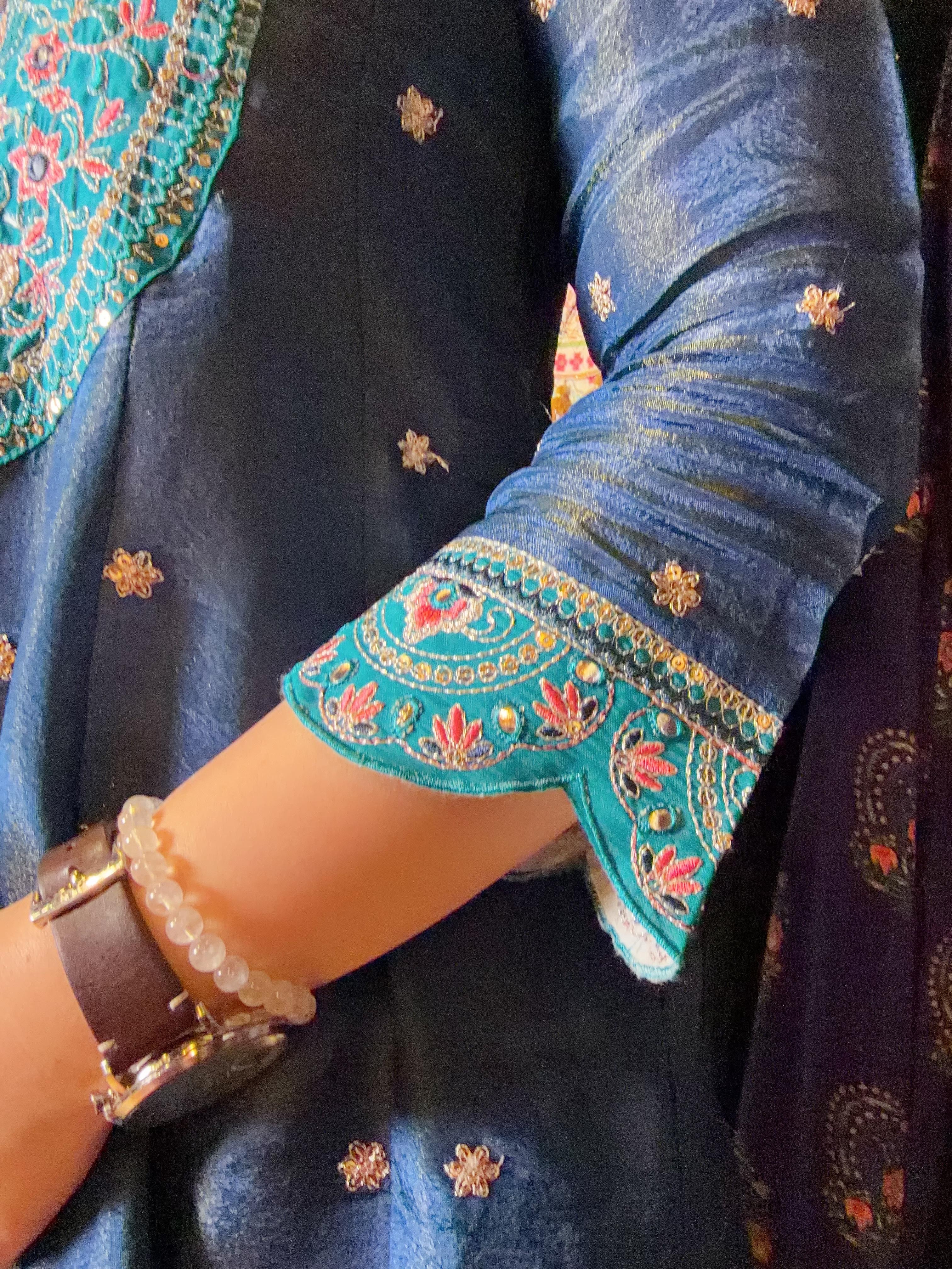 Navy Blue Emb.Silky Round Neck with wavy edge OP #1149