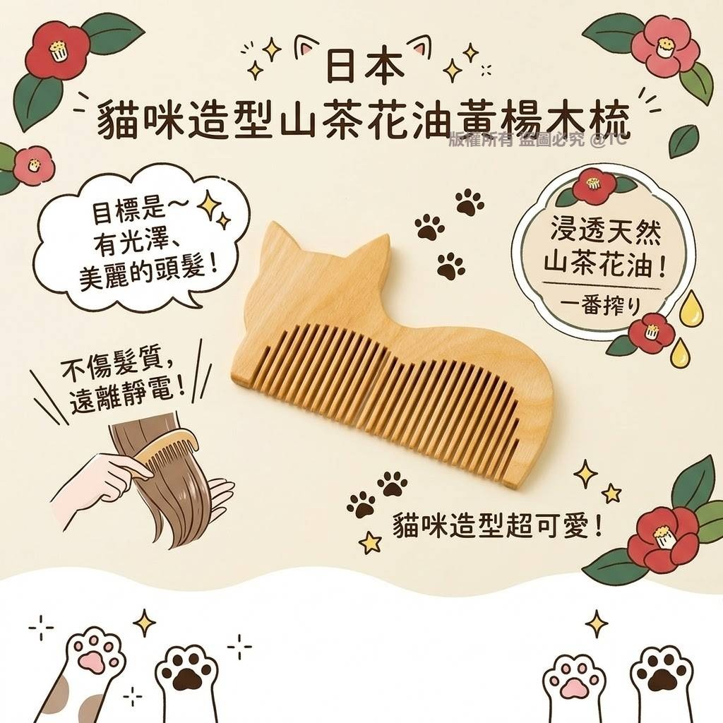 【日本製造 貓咪造型山茶花油黃楊木梳】
