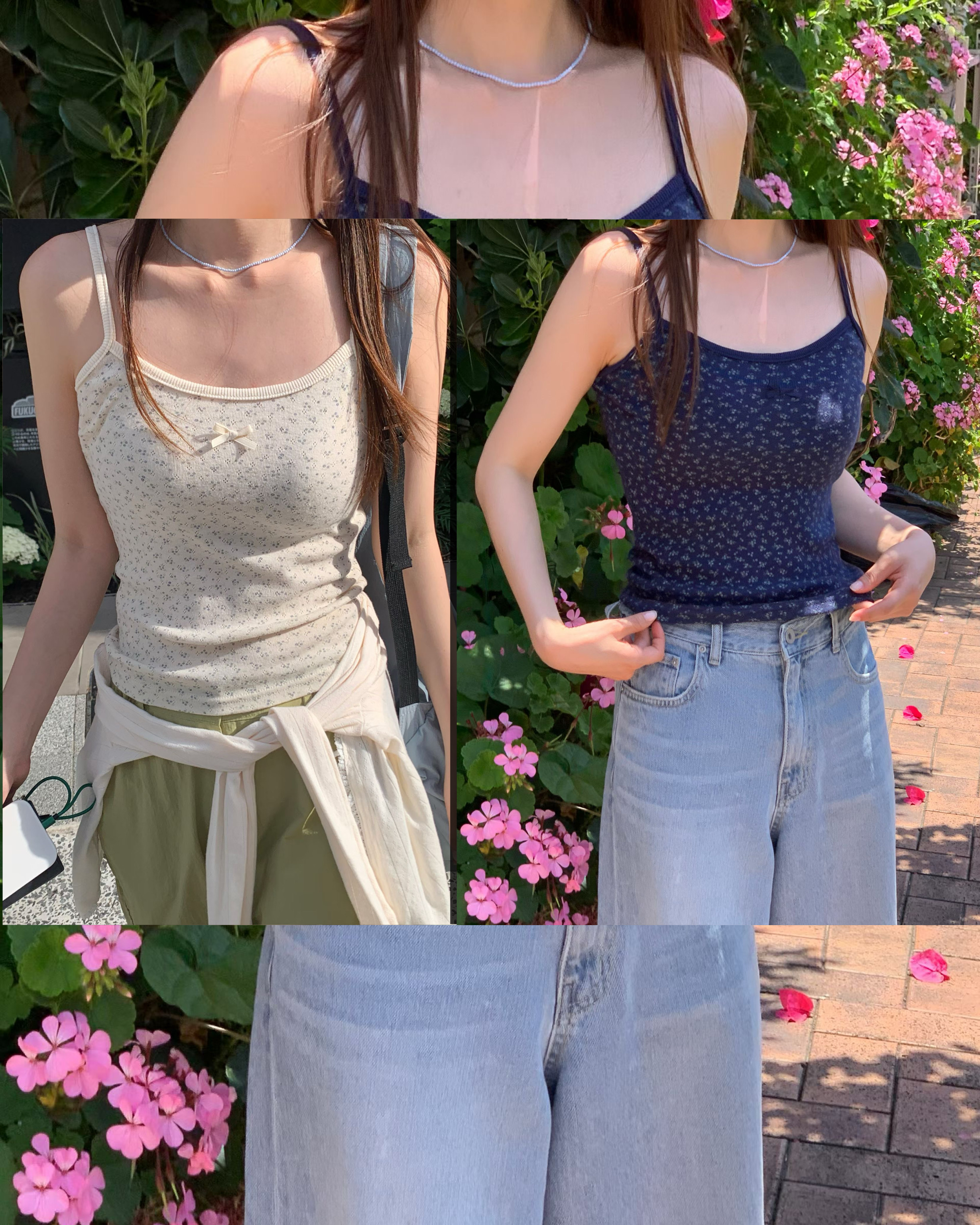 【 ♪ 春夏感直線提升🌼 |必備小碎花～鏤空蝴蝶結棉質吊帶背心💛】Floral Day Tank Top(三色入)