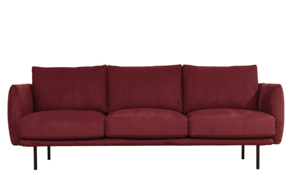 Burgundy Velvet Three-Seater Sofa with Sleek Metal Legs