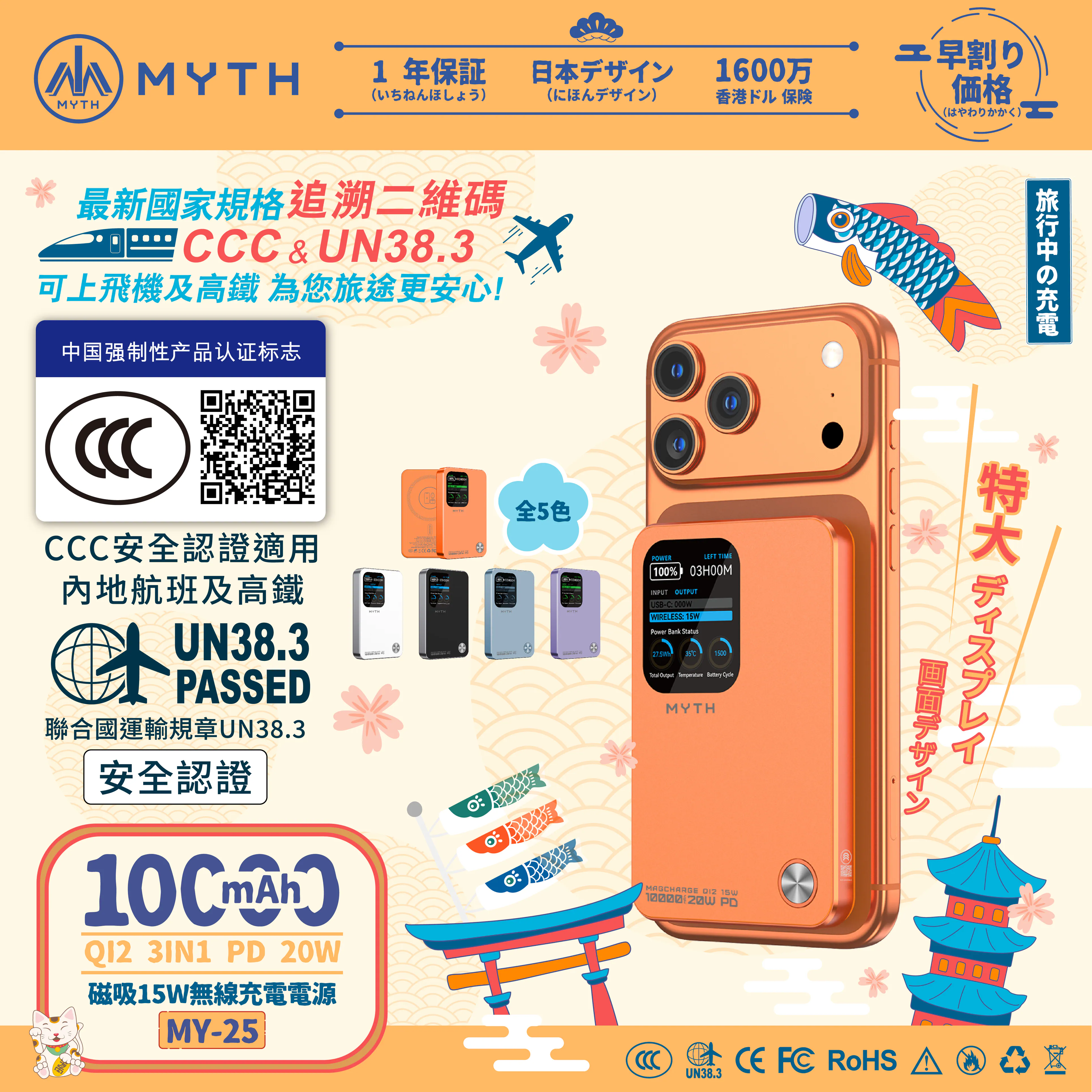[香港行貨丨一年保養] Myth MY25 3合1 PD20W Q12移動電源10000mAh 磁吸15 | 1.8寸特大FTF顯示屏 MY25