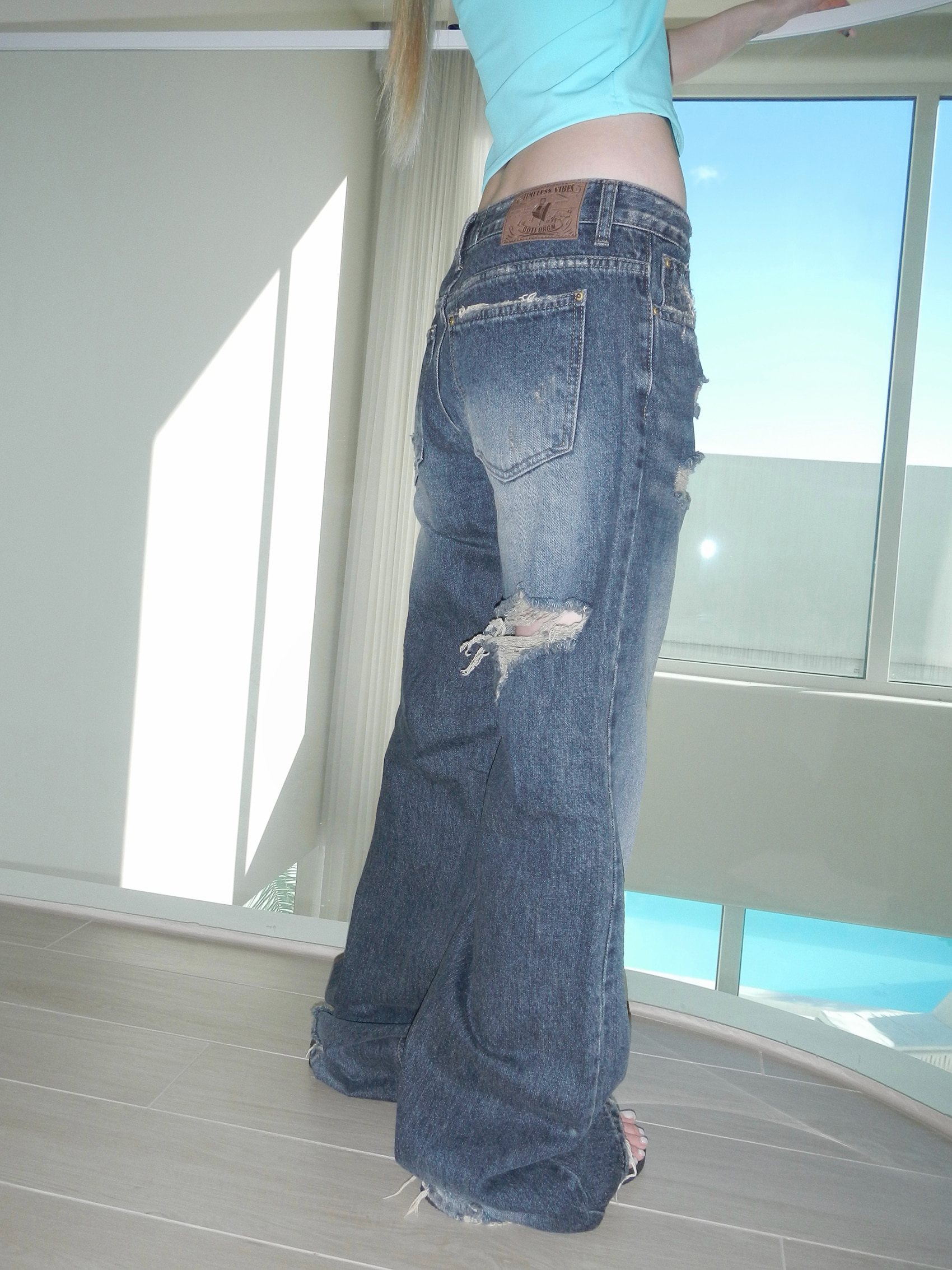 Washed Distressed Wide-Leg Denim