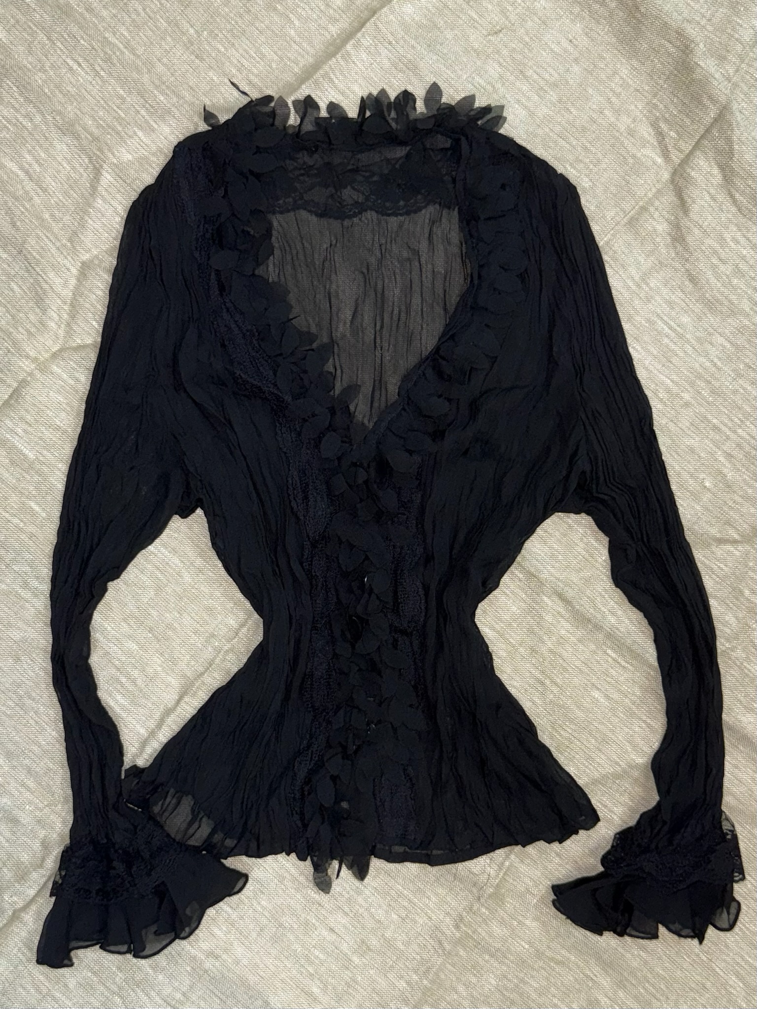 Black Sheer Mesh Ruffle Cardigan