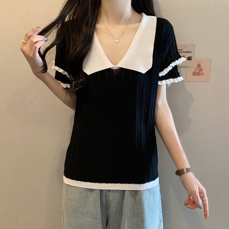 B26(878) 法式撞色娃娃领双层花边袖黑针织上衣 