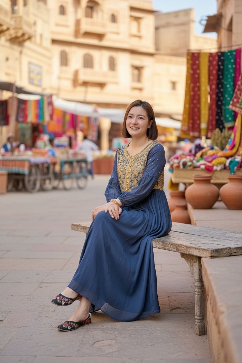 Royal Blue Gold Print Round Neck Chiffon OP 39.5" #1124