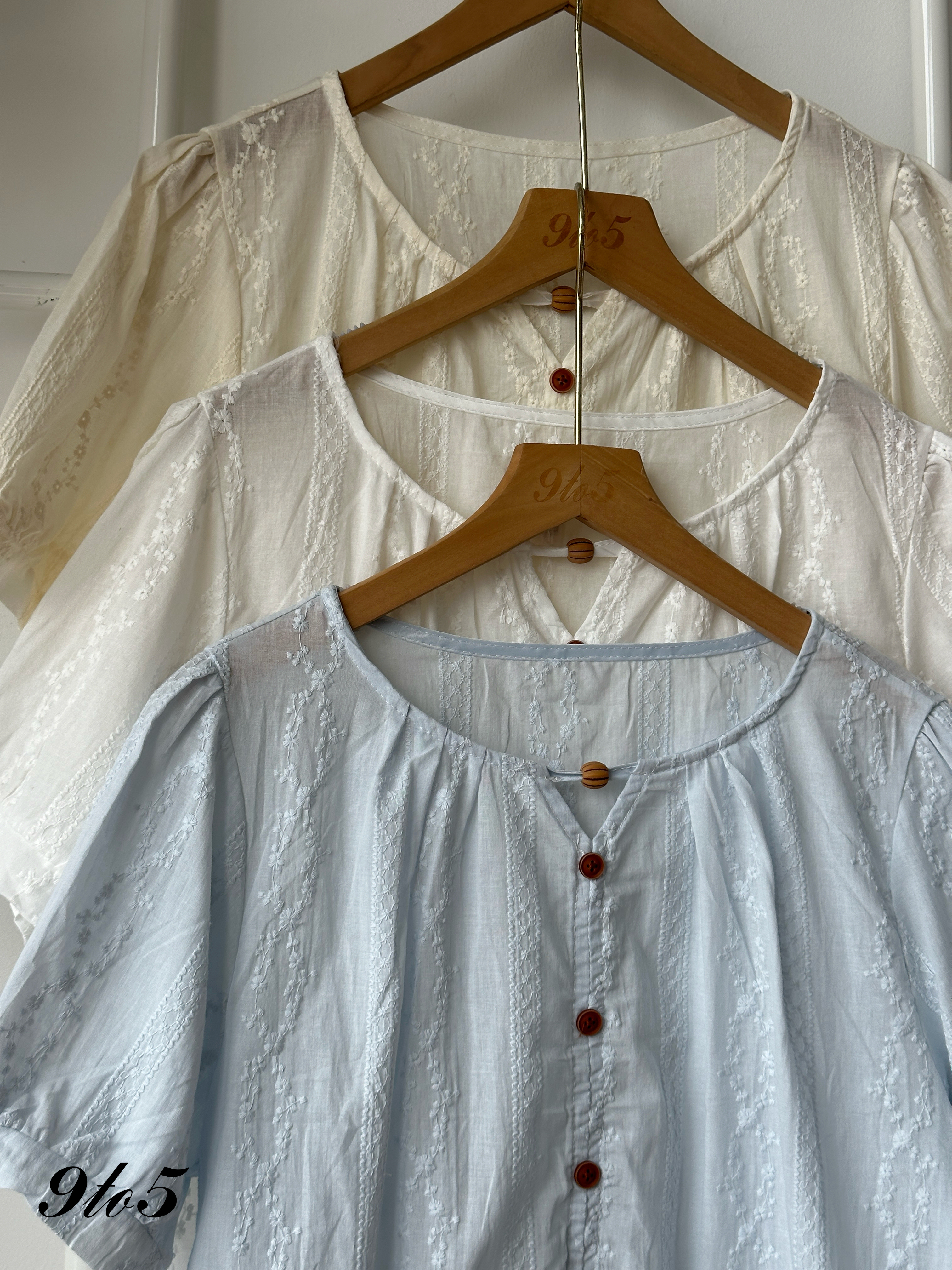 T4421 Puff Sleeve Embroidery Floral Blouse - 3 Colors 