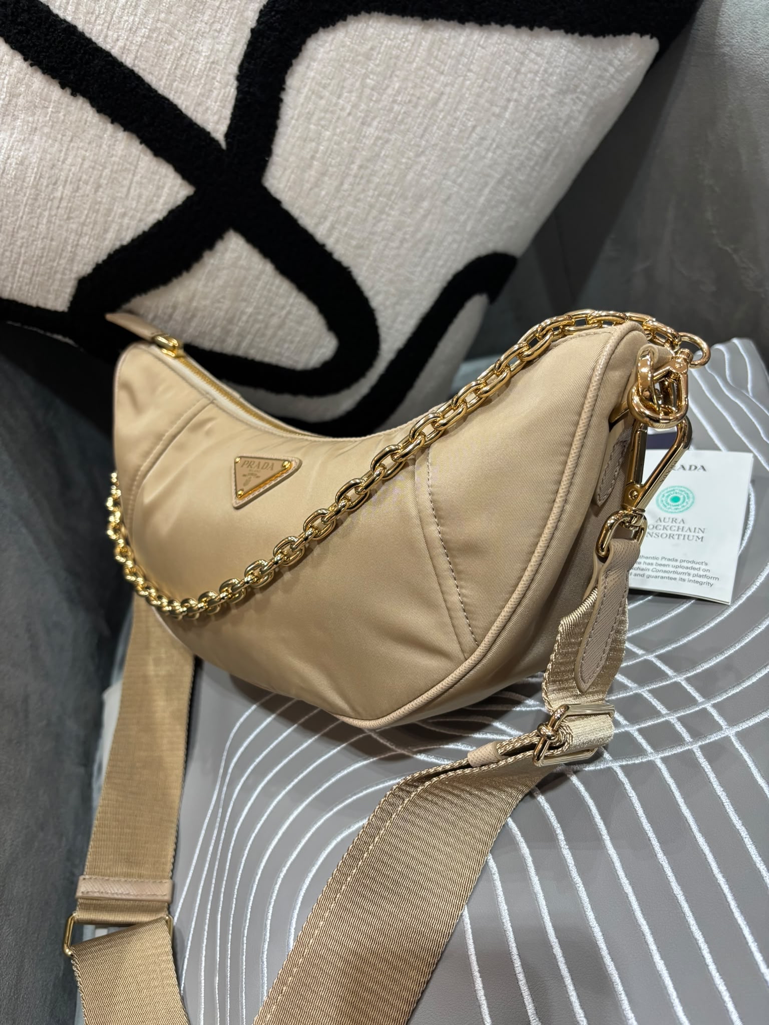 PRADA Re-Nylon Demi-Lune hobo bag 2 way bag 1BH222 100%Authentic, 95%New ✅ certificate ✅Dust Bag