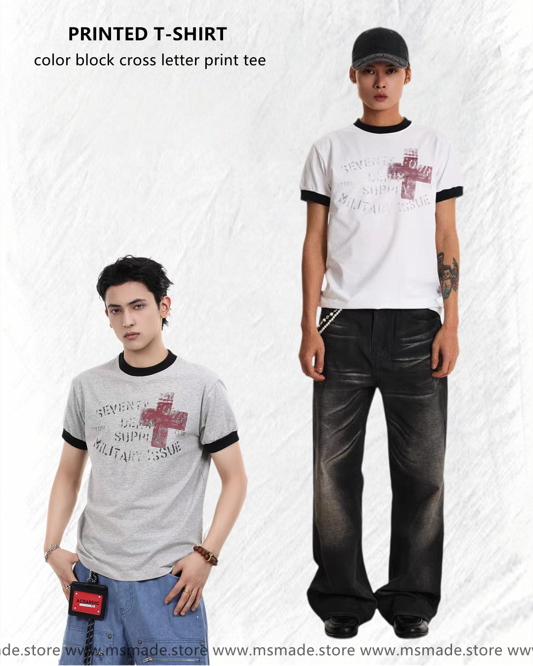M27454撞色十字架字母印花tee