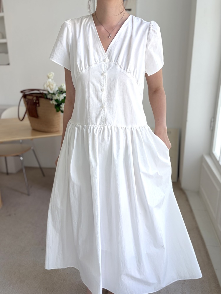 Airy Button Front Long Dress (White)