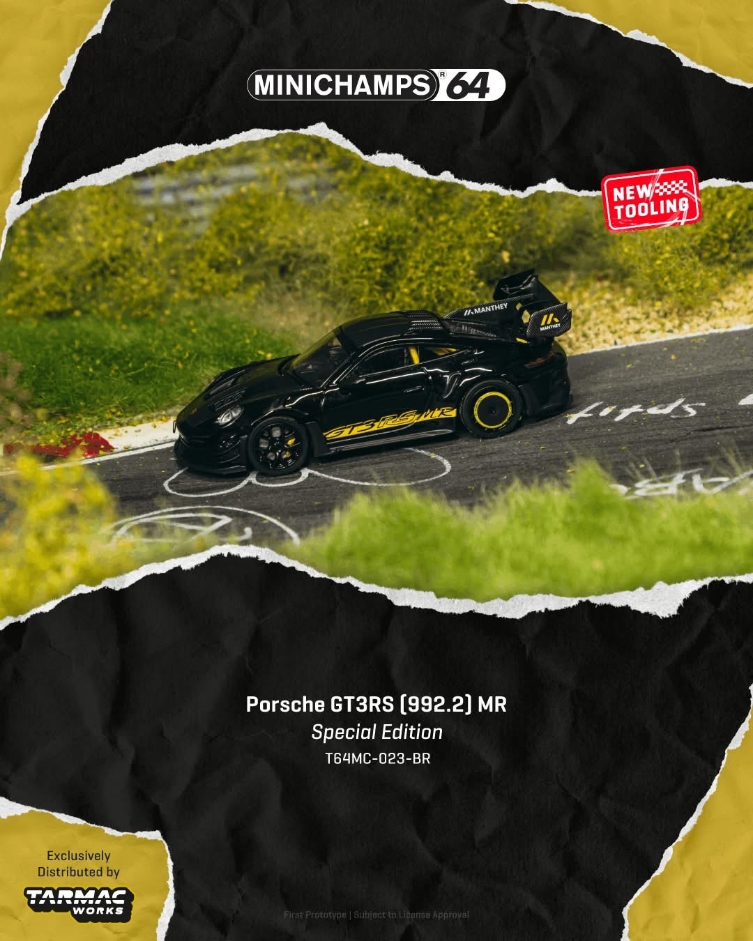 （預訂 Pre Order) Tarmac Works  ( T64MC-023-BR ) Porsche GT3RS (992.2) MR Black Yellow Tarmac Special Edition