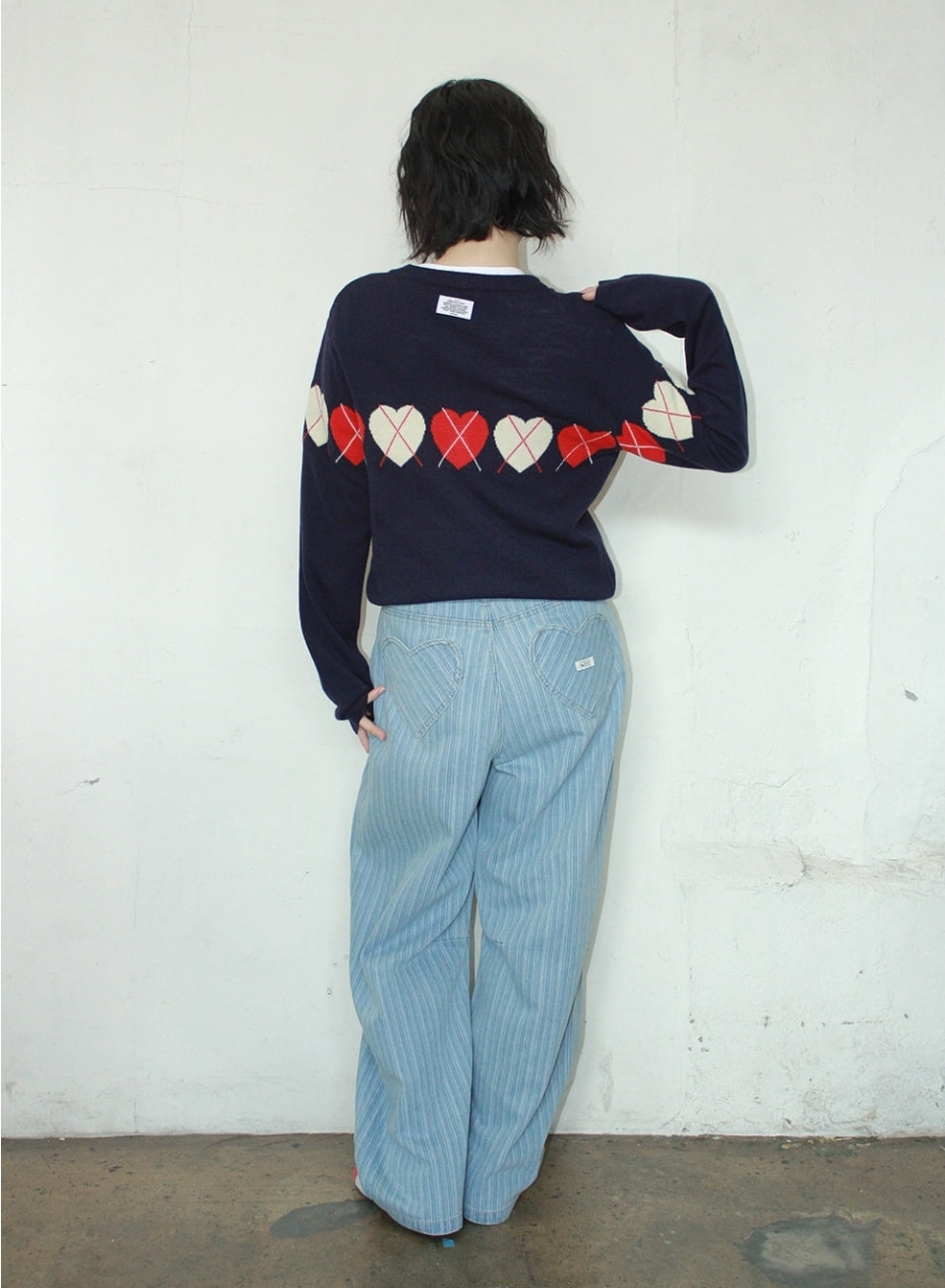 Ron Ron Heart Argyle Line Knit Cardigan