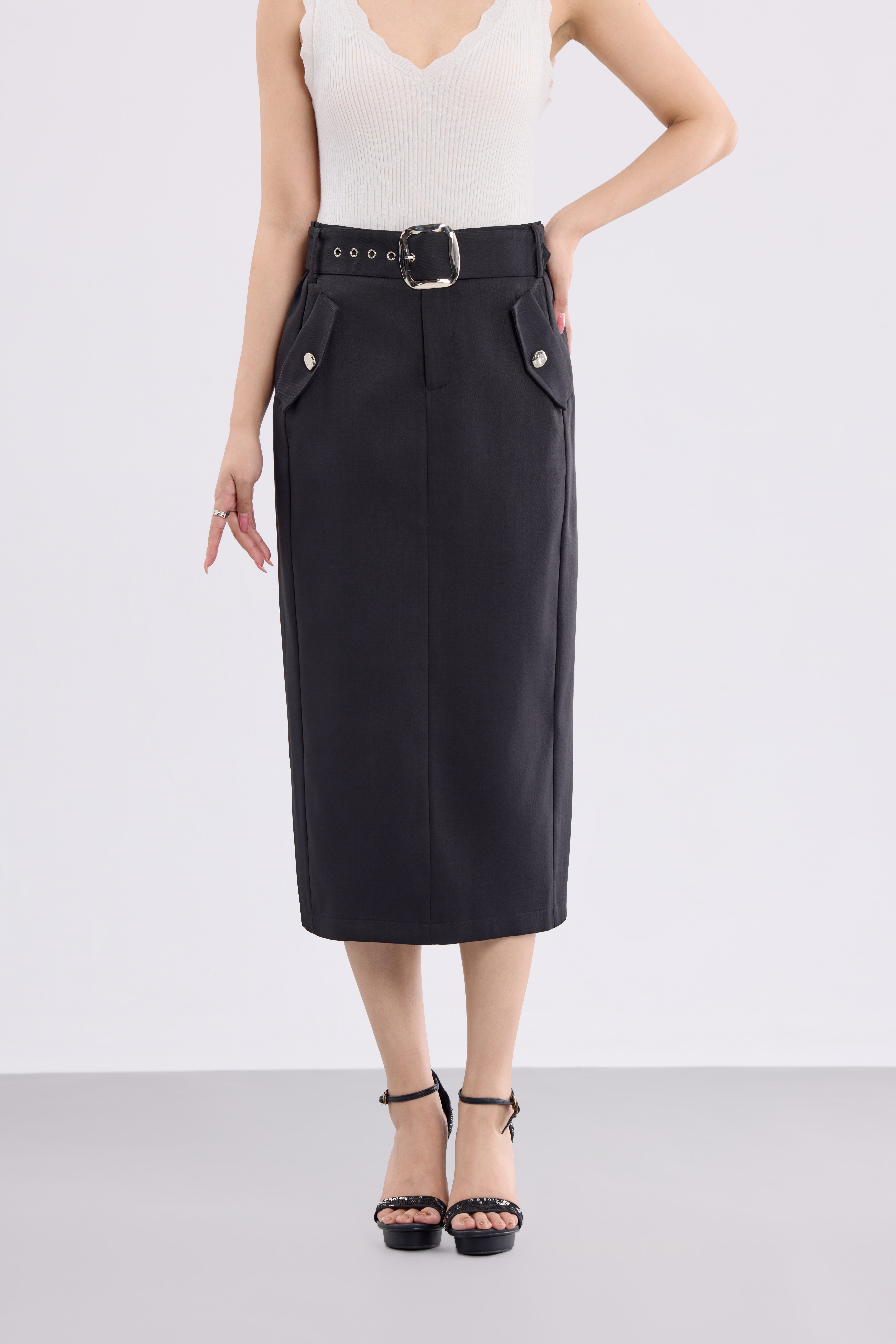 12241330 Victoria Belted Pencil Midi Skirt