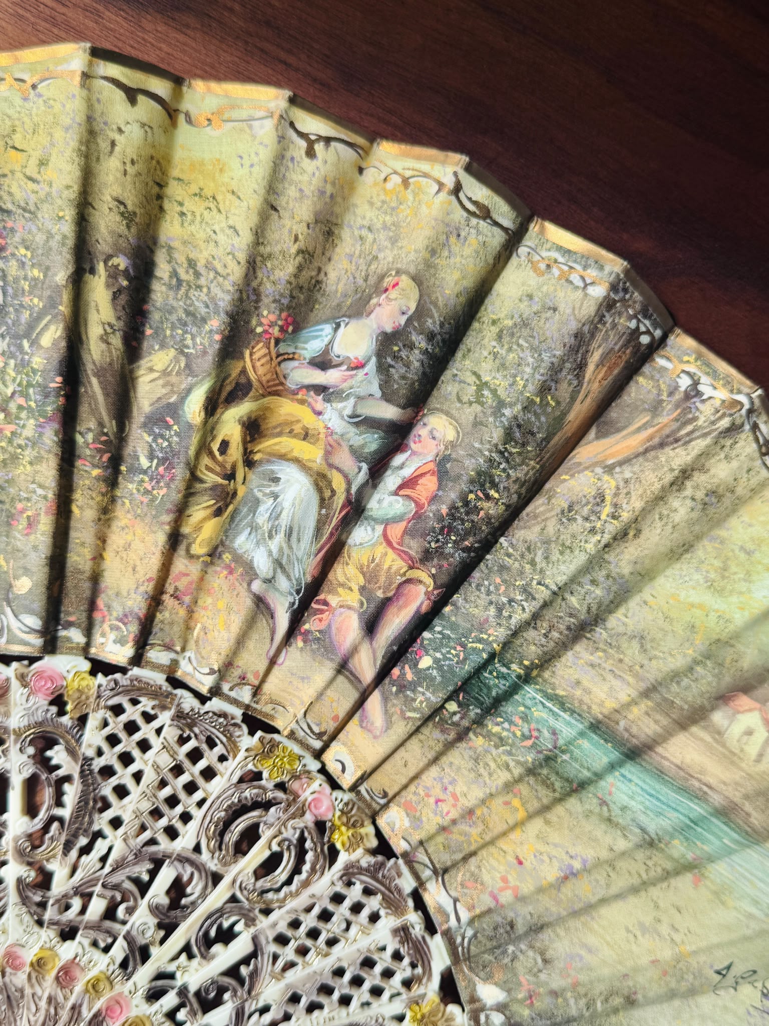 Antique c. 1890–1920 European Hand-Painted & SIgned Rococo Revival Folding Fan (MT2616)