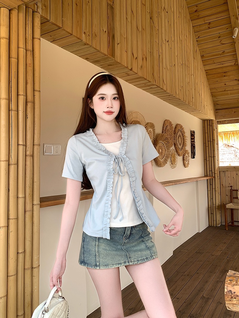 B03(36826) 韩版甜美风假两件拼白内搭外撞色木耳边系带3色上衣