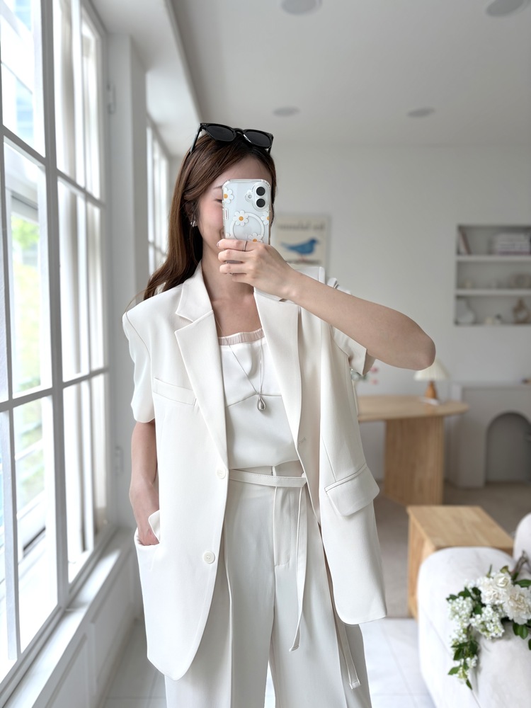 Aveline Belted Straight Slacks (Ivory)