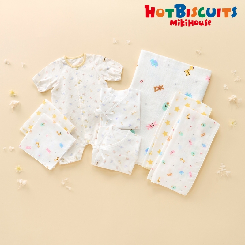 🇯🇵預訂 日本直送🇯🇵日本製Hot Biscuits 春夏款黃色動物新生兒純棉打底八件套