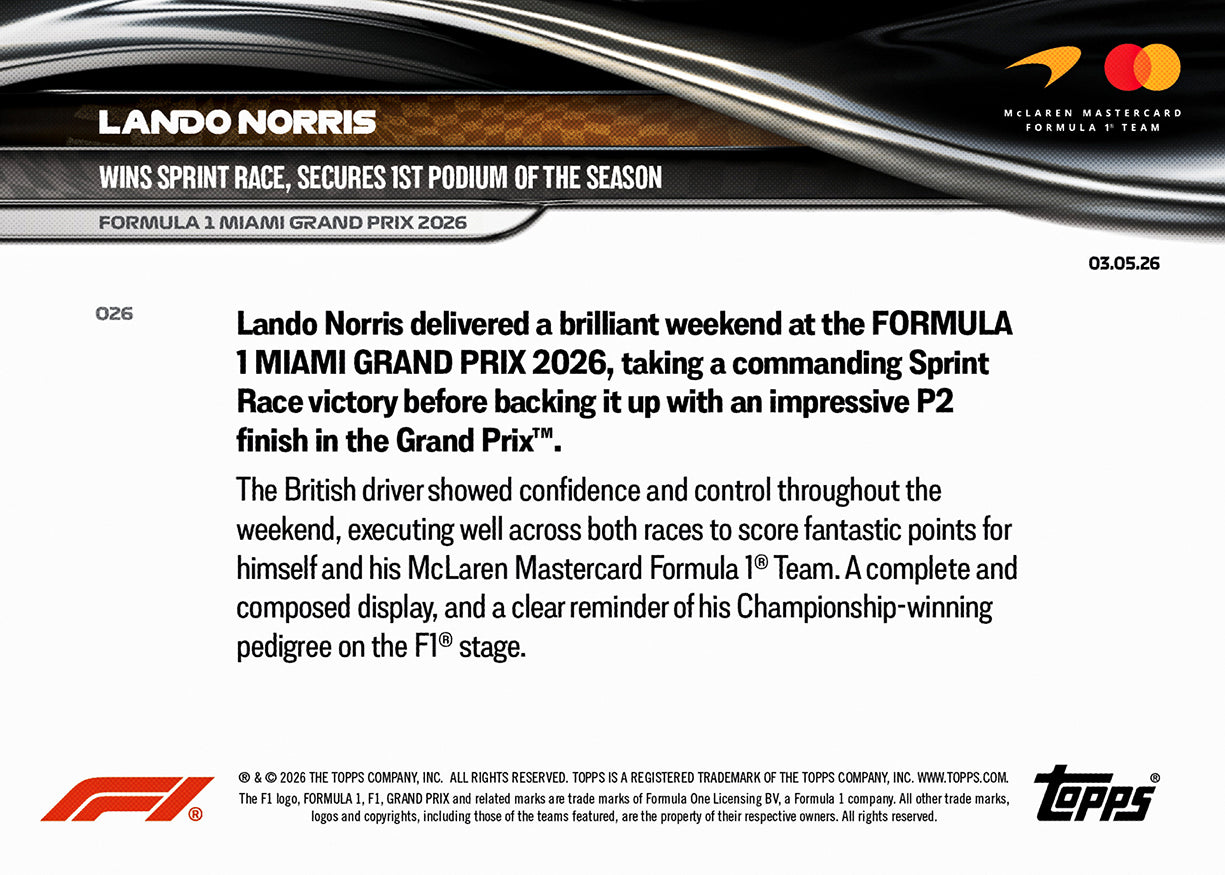 Lando Norris - 2026 F1 Topps NOW® #26 Miami GP Sprint勝利兼季內首Podium卡｜PR 2,338