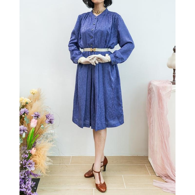 Vintage Purplish Blue Subtle Pattern Diamond Gathered Detail Elegant Day & Night Dress (MT1608-81)