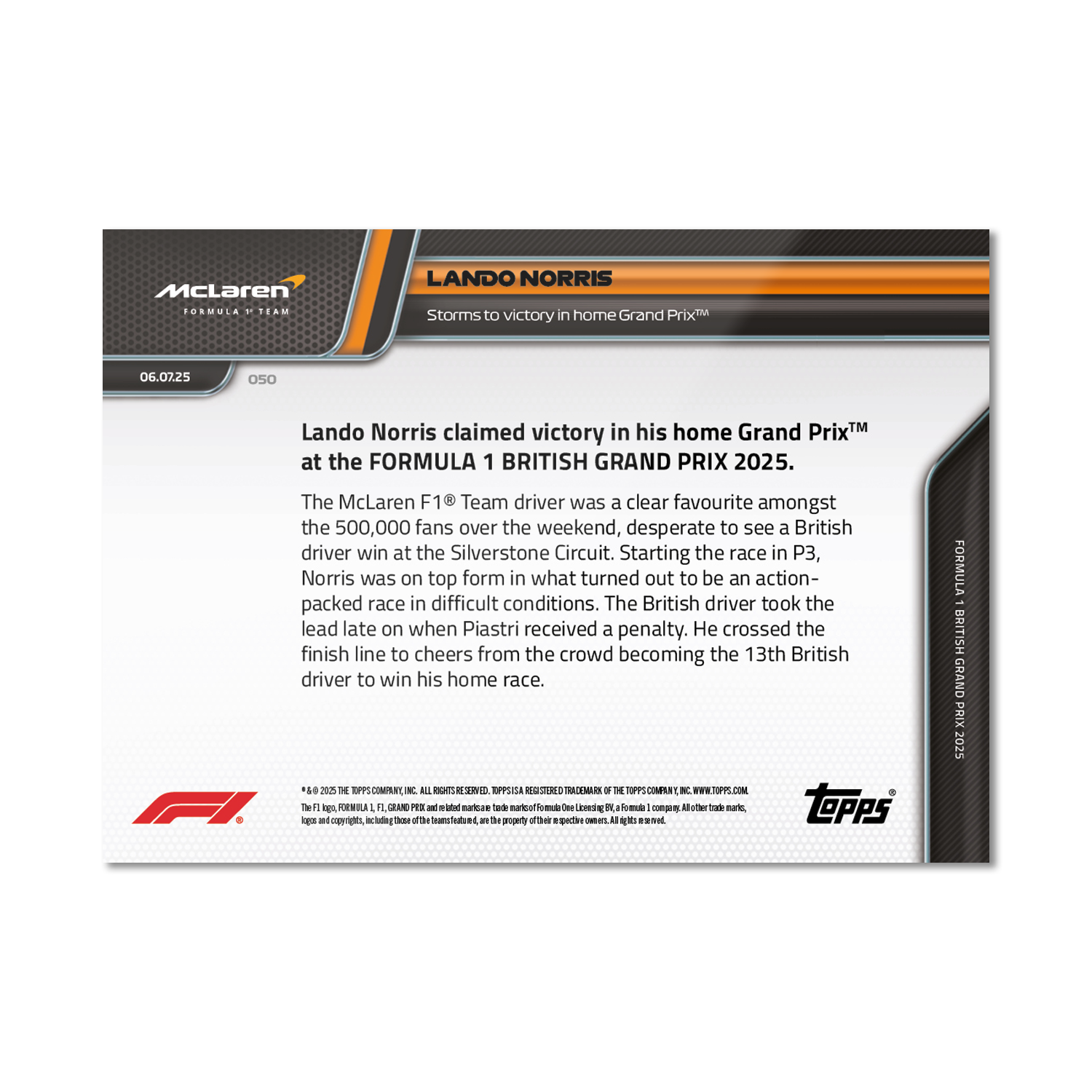 Lando Norris - 2025 F1 Topps NOW® #50 British GP 贏車卡｜PR 4,282