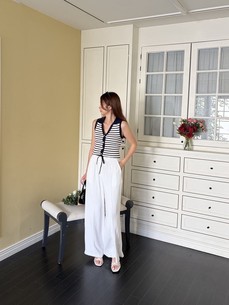 [超涼!!] Contrast Belt Wide Leg Slacks (White)