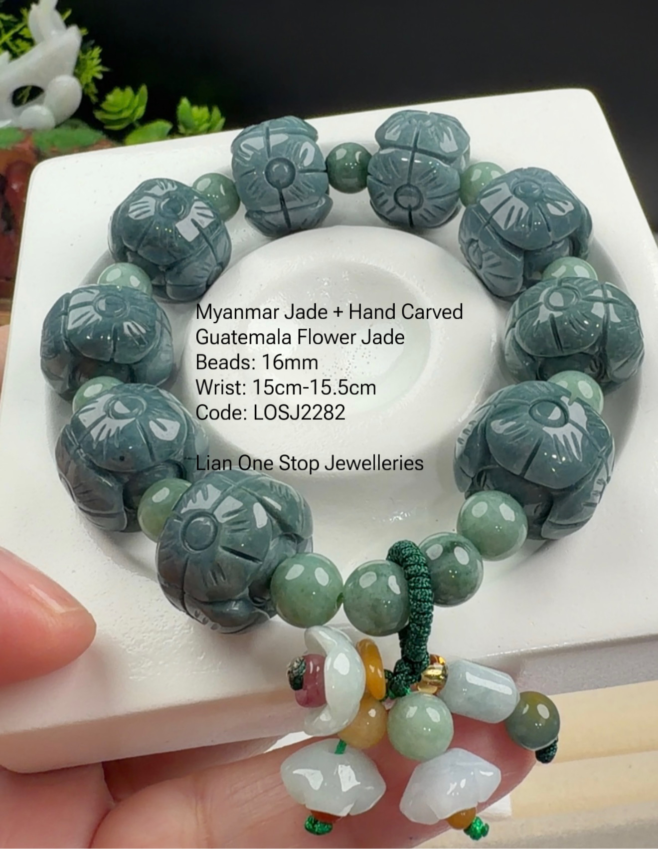Code: LOSJ2282 Myanmar Jade + Hand Carved Guatemala Flower Jade 