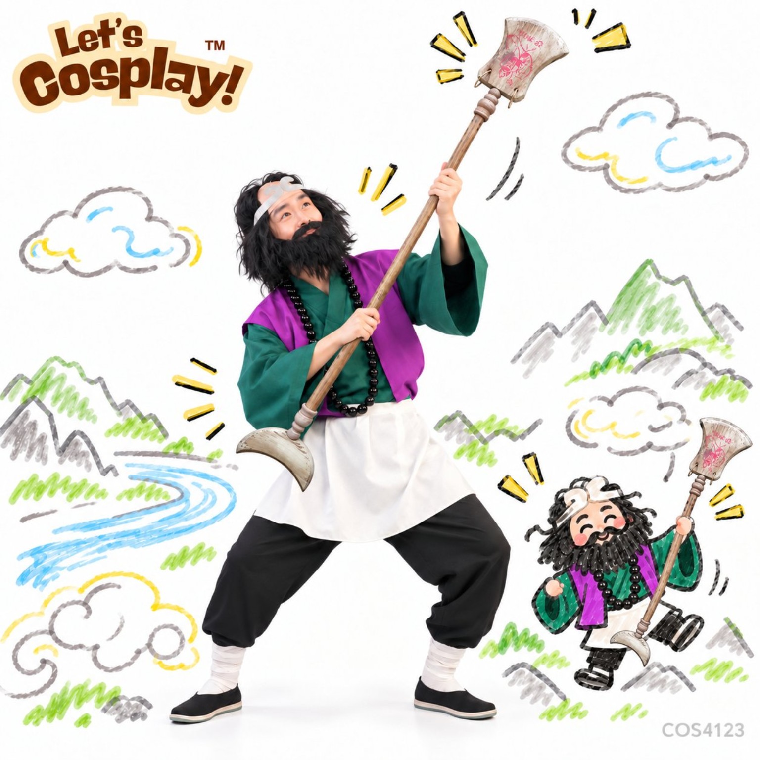 西遊記沙僧沙和尚角色扮演服裝套裝連頭箍佛珠武器道具,香港現貨Lets Cosplay COS4123