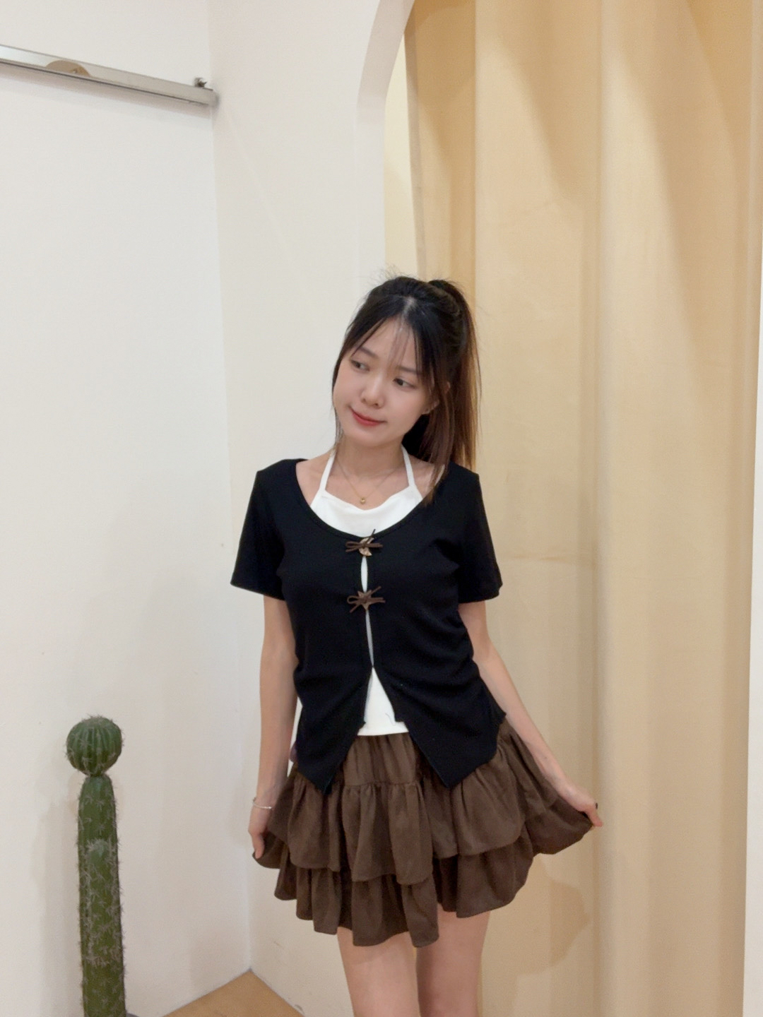 挂脖镂空针织不规则假两件上衣 R2945