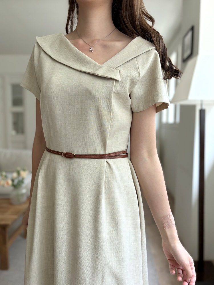 Sailor Collar Belted Dress (Beige)