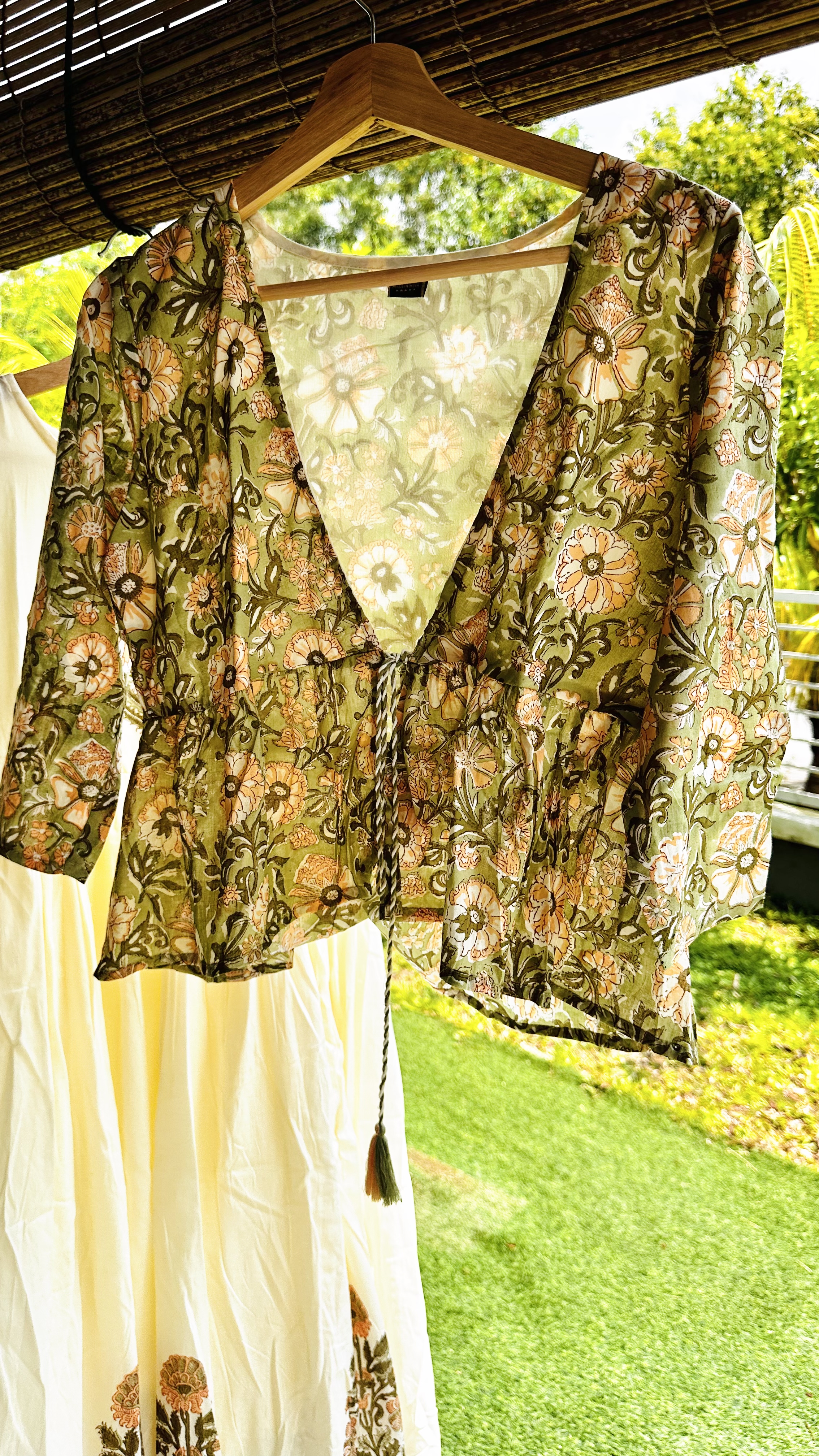 Light green floral Anarkali dress with Block print Jacket