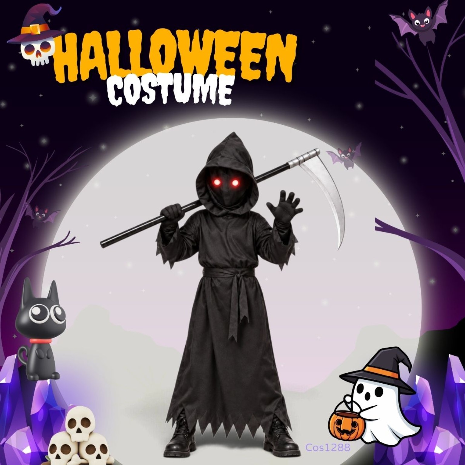 兒童勾魂使者角色扮演服 S–XL Grim Reaper Kids Halloween Costume 發光眼鏡鐮刀 Lets Cosplay COS1288