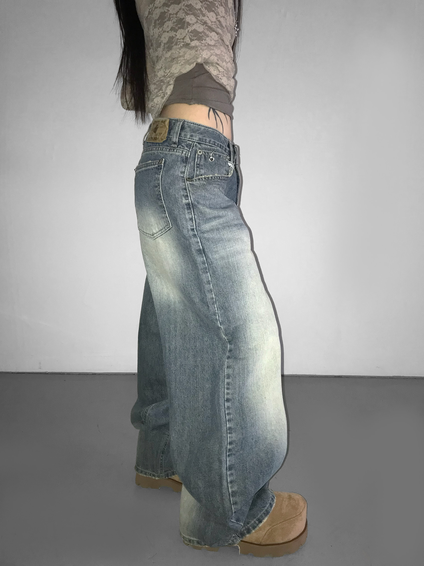 Metal Hook Washed Wide-Leg Denim