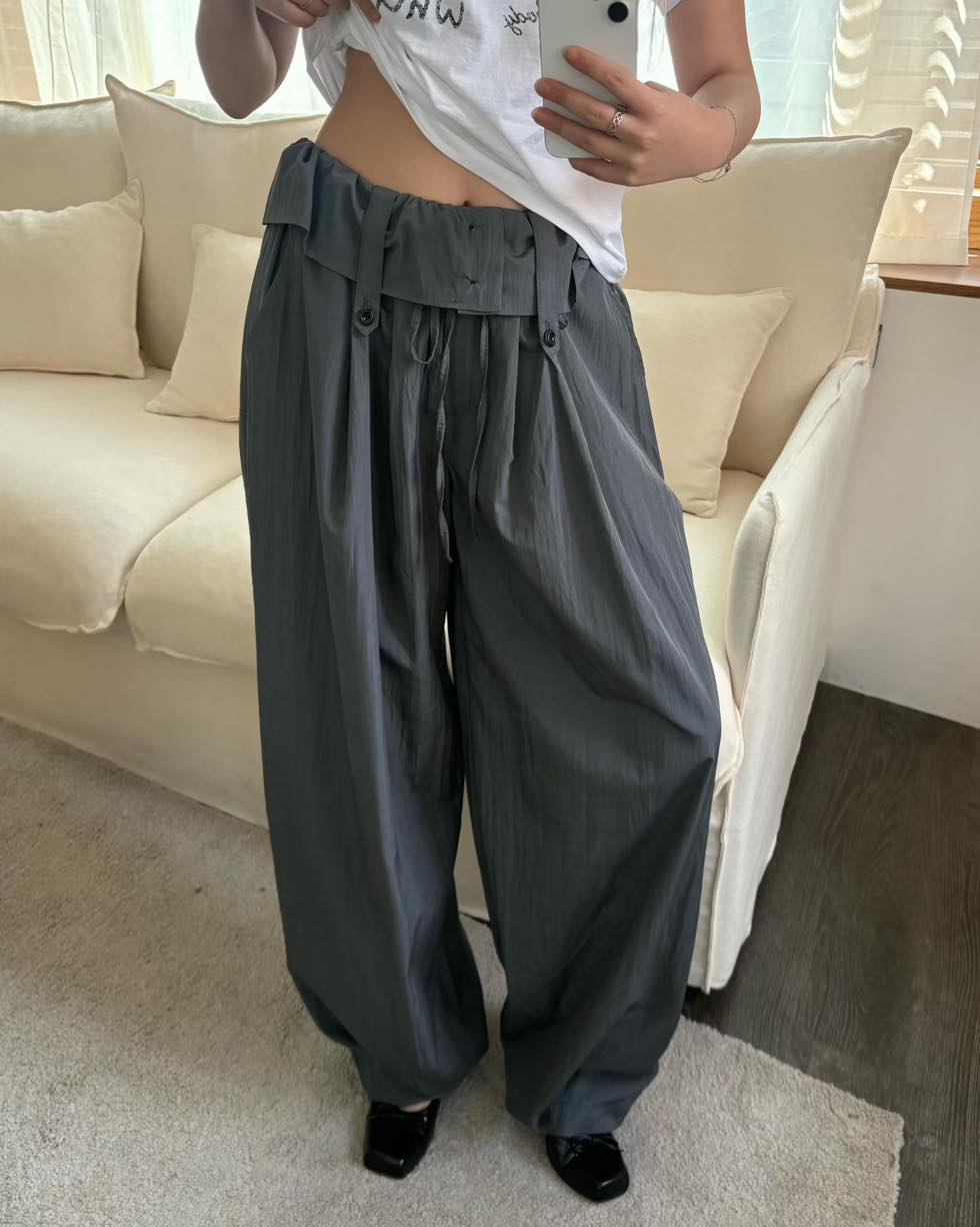 反摺腰頭皺布寬身褲