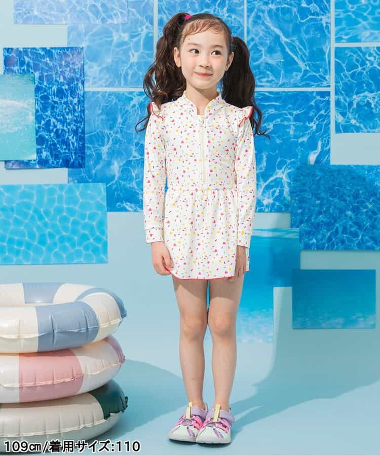 🇯🇵預訂 日本直送🇯🇵BREEZE兩色圖案滿印荷葉邊長袖連身泳衣