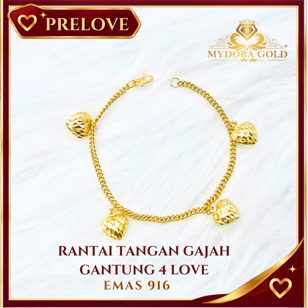 Pre-Loved: Rantai Tangan Gajah Gantung 4 Love l EMAS 916/22K