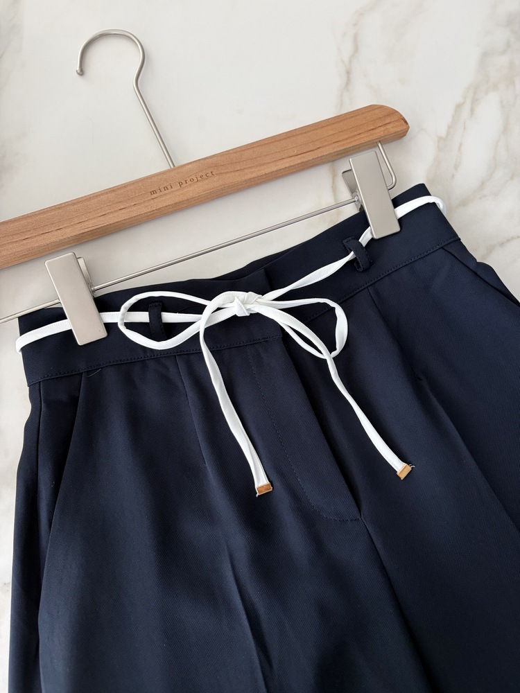 [超涼!!] Contrast Belt Wide Leg Slacks (Navy)
