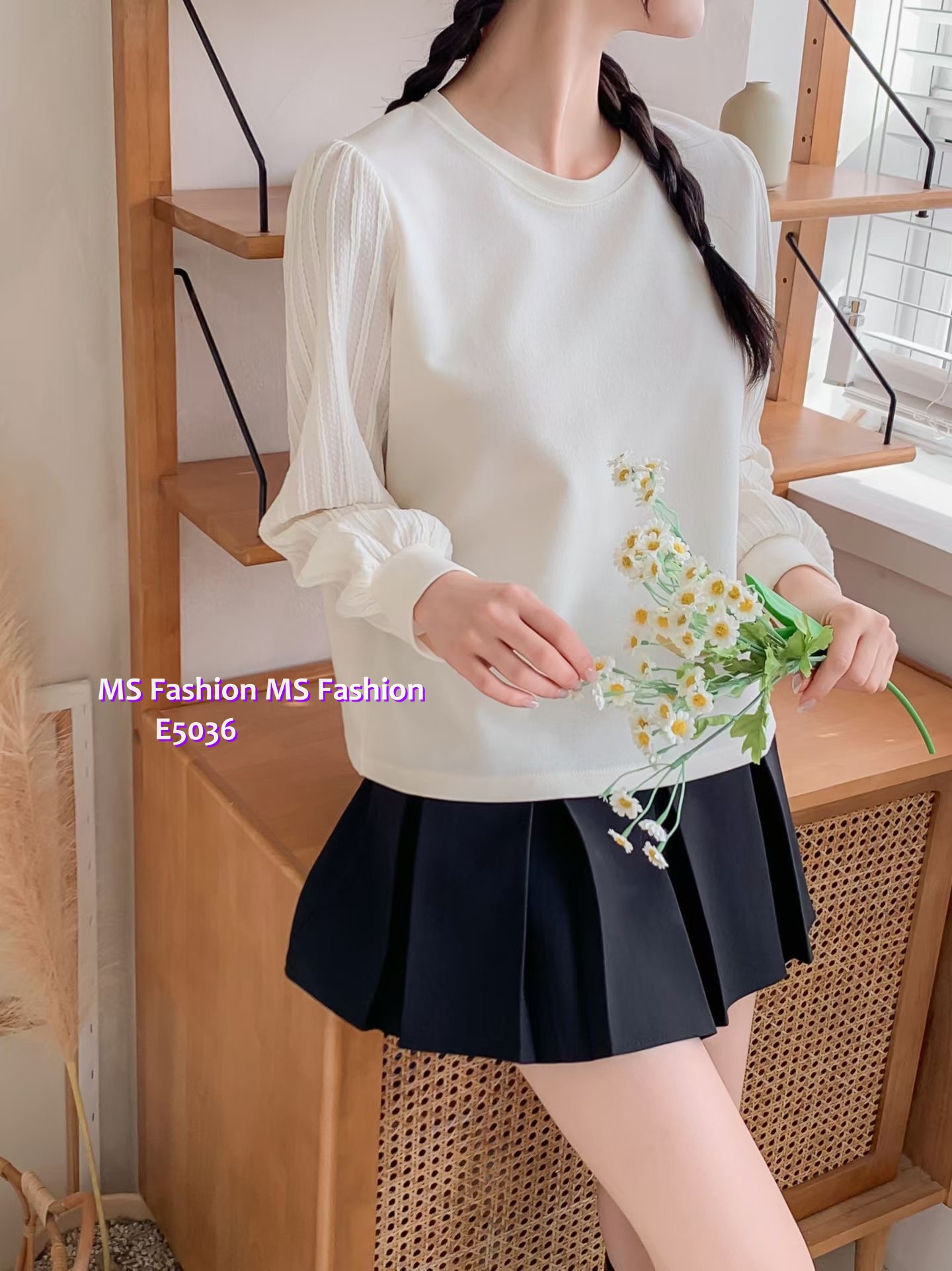 E5036 拼直紋袖top