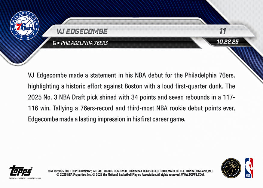 VJ Edgecombe RC - 2025-26 NBA Topps NOW® #11 Philadelphia 76ers 新人卡｜PR 17,761