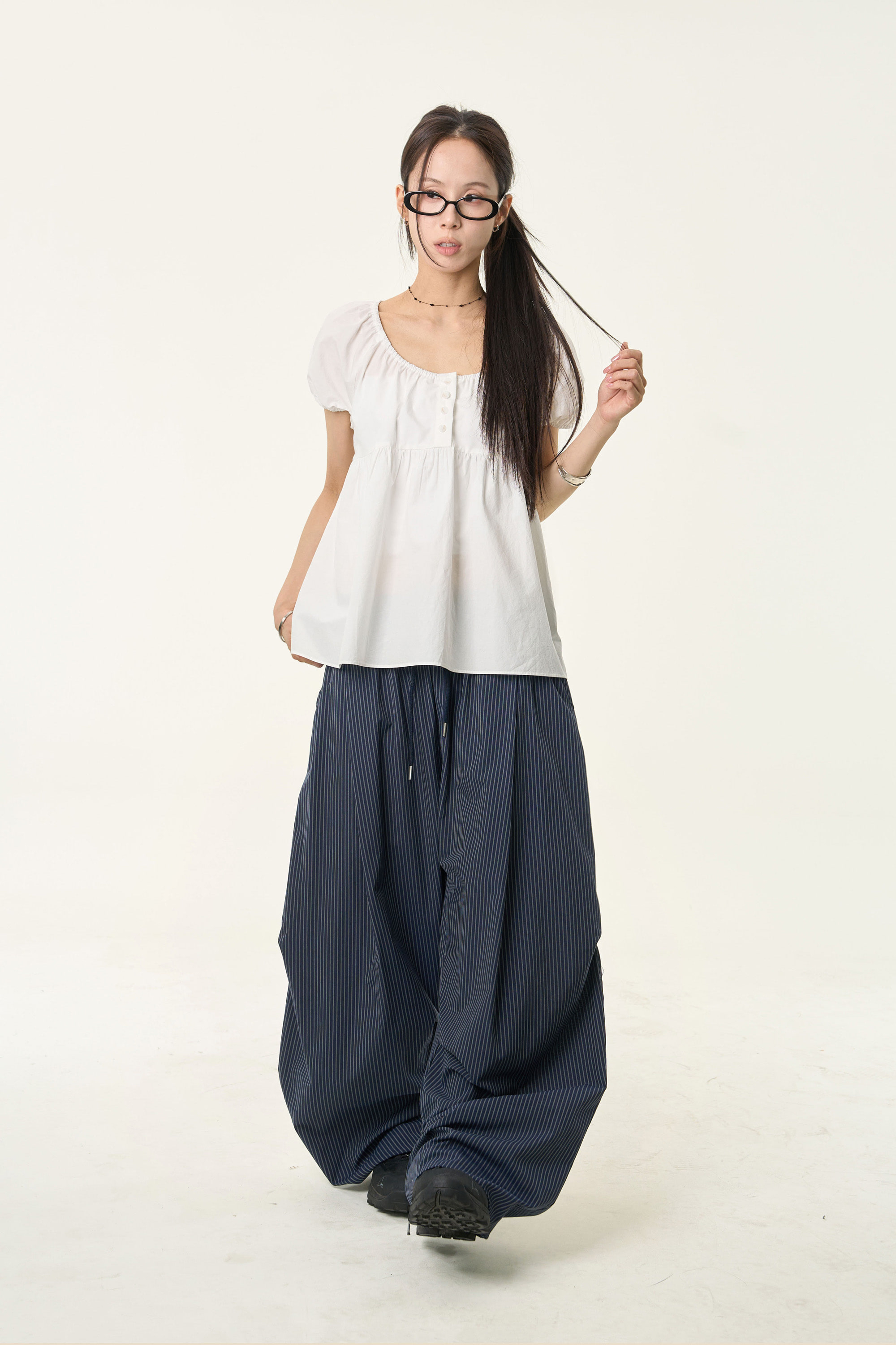 Pinstripe Pintuck Wide-Leg Pants