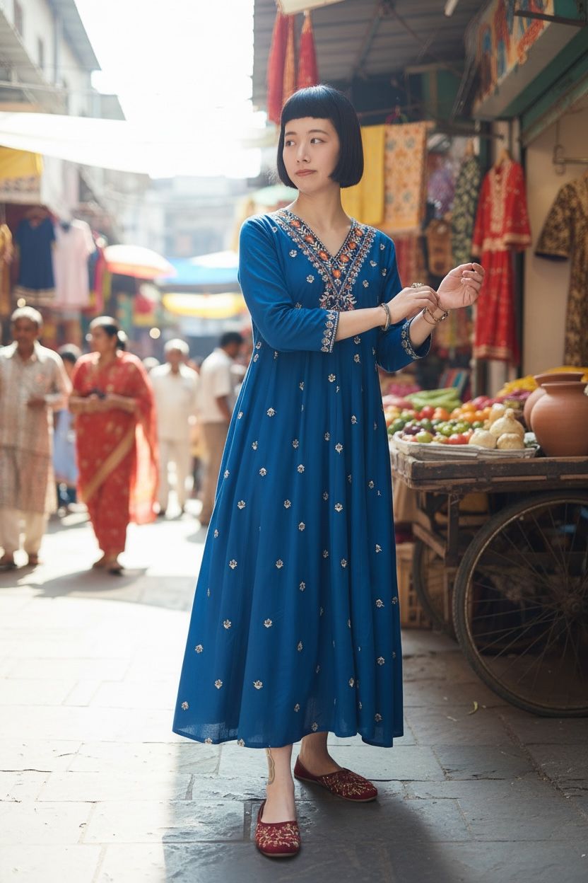 Blue Emb Big V Neck Cotton OP 46" #1051