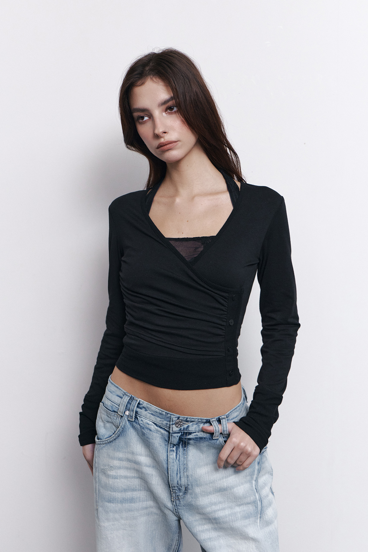 pleaseNOFOLLOW - Selena Button Wrap long sleeve Top (Black)
