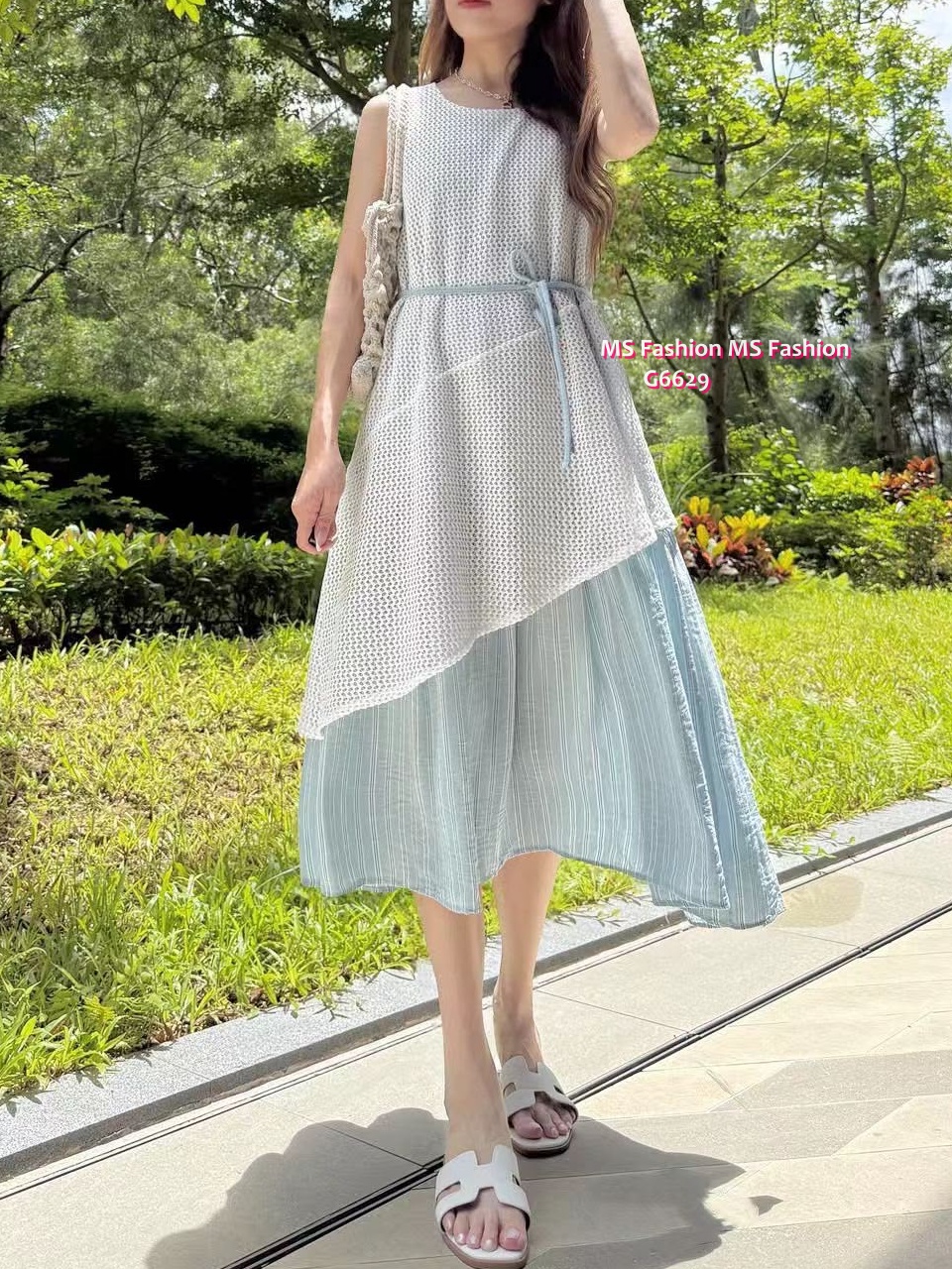 G6629 通花條子背心連身裙