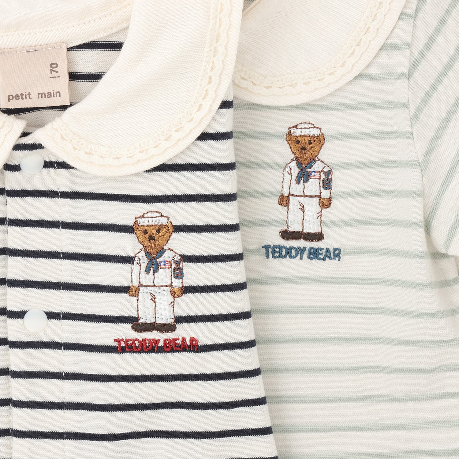 🇯🇵預訂 日本直送🇯🇵Petit Main x TeddyBear 兩色小熊刺繡水手領假兩件條紋長袖連身服